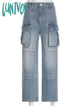 Lunivop Pockets High Waisted Jeans Woman Autumn Winter Baggy Blue Cargo Pants Women’s Casual